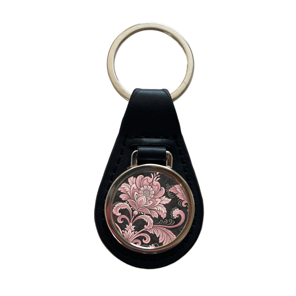 Pink Damask On Black Black Leather Metal Keychain