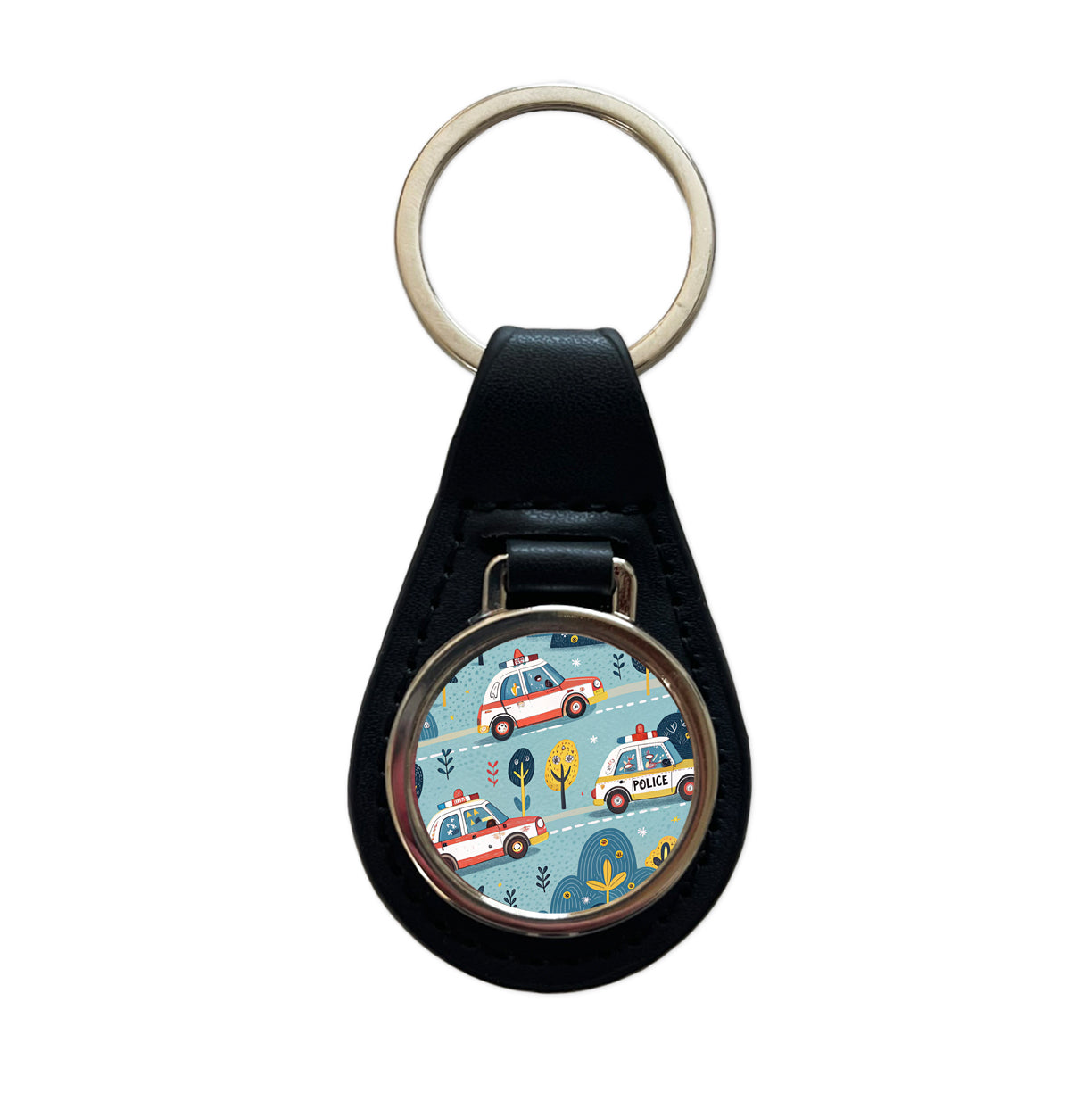Police Cars Cute Black Leather Metal Keychain