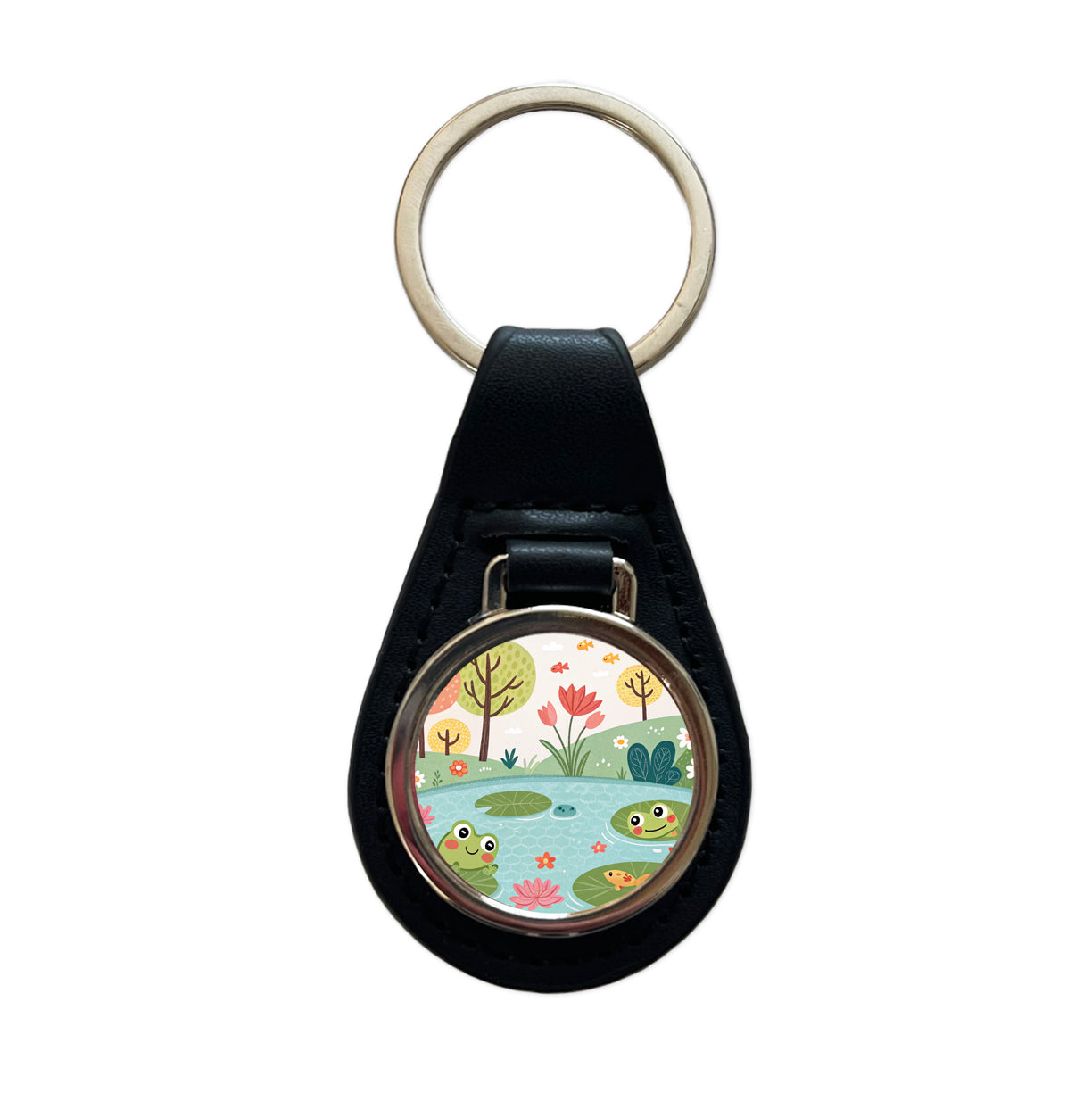 Pond And Frogs Black Leather Metal Keychain