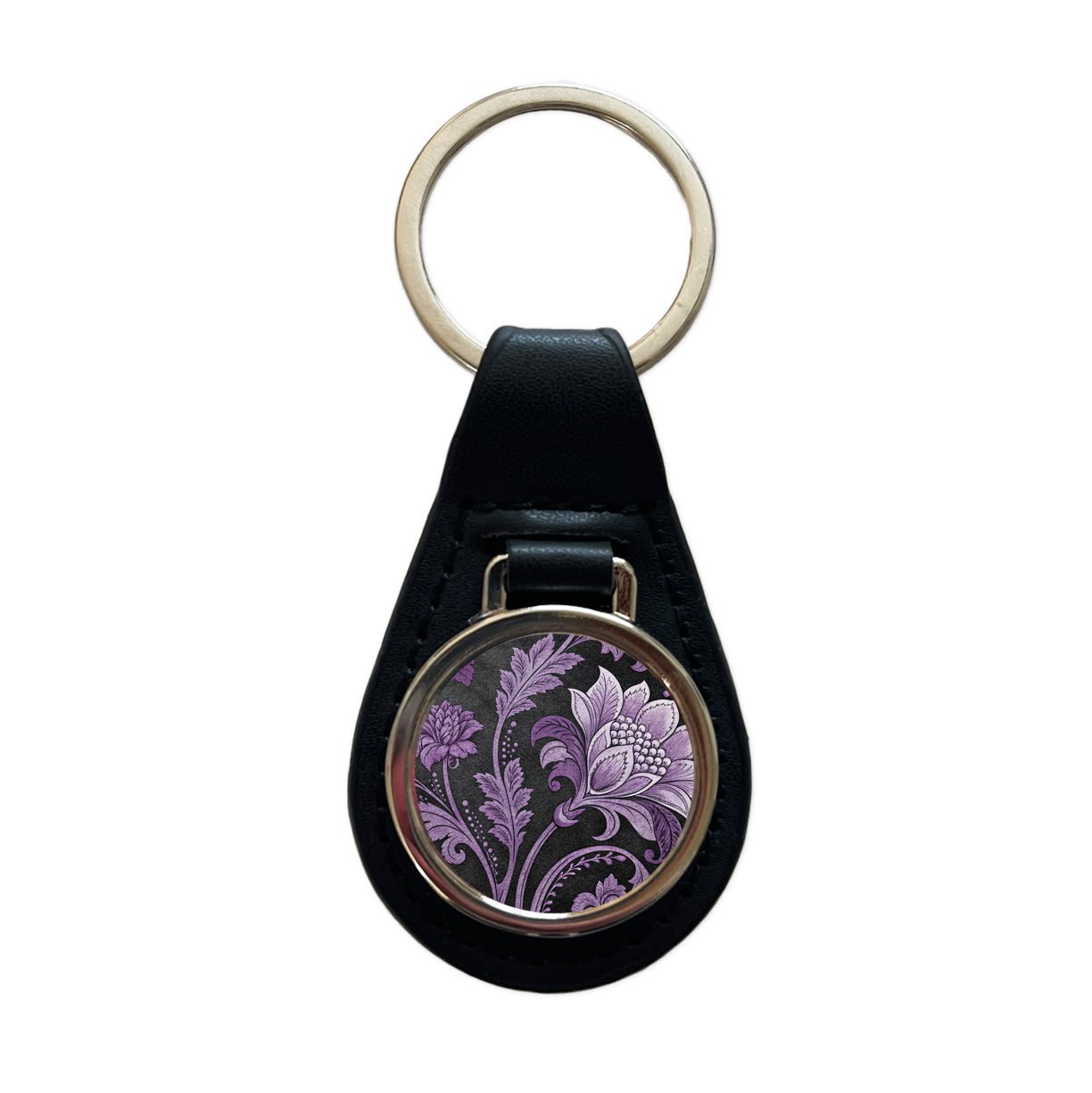 Purple Damask On Black Black Leather Metal Keychain
