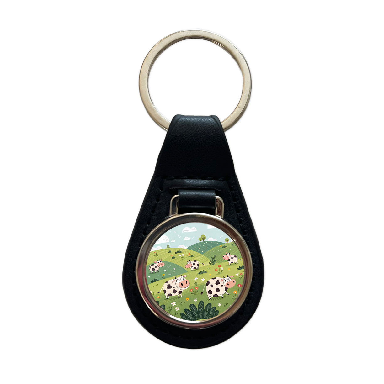 Scattered Cows Black Leather Metal Keychain