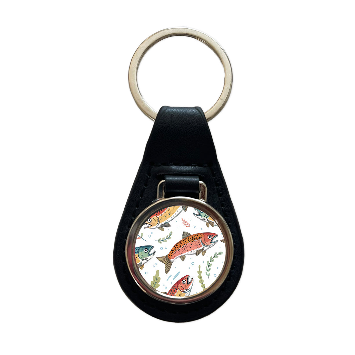 Trout Fish Swimming Fishing Black Leather Metal Keychain