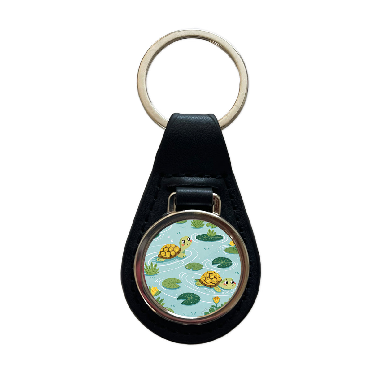 Turtles Swimming In Pond Black Leather Metal Keychain