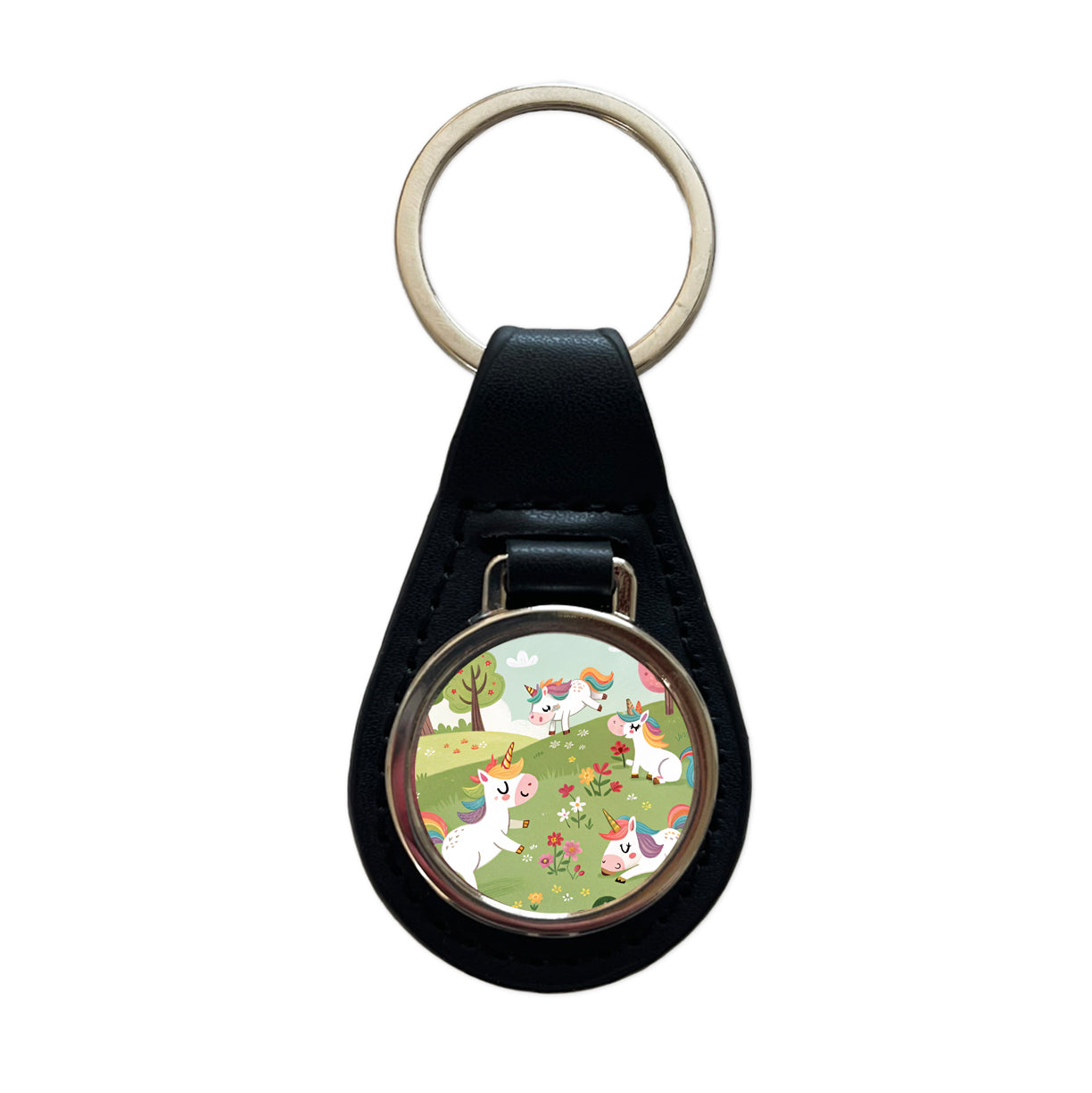 Unicorns Playing Cute Black Leather Metal Keychain