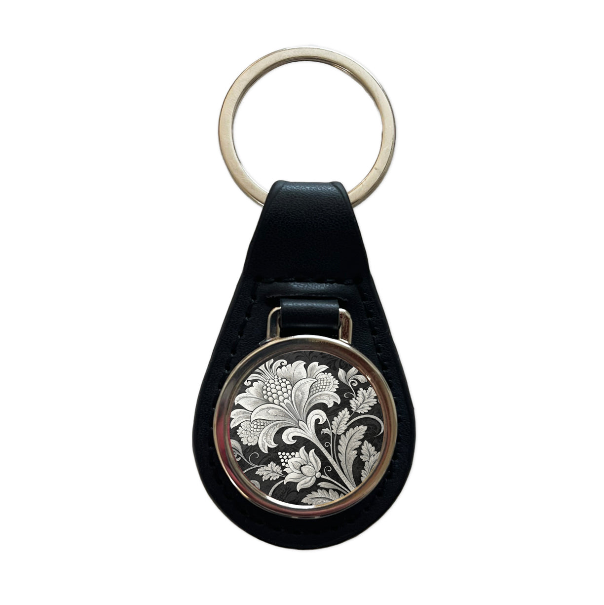White Damask On Black Black Leather Metal Keychain