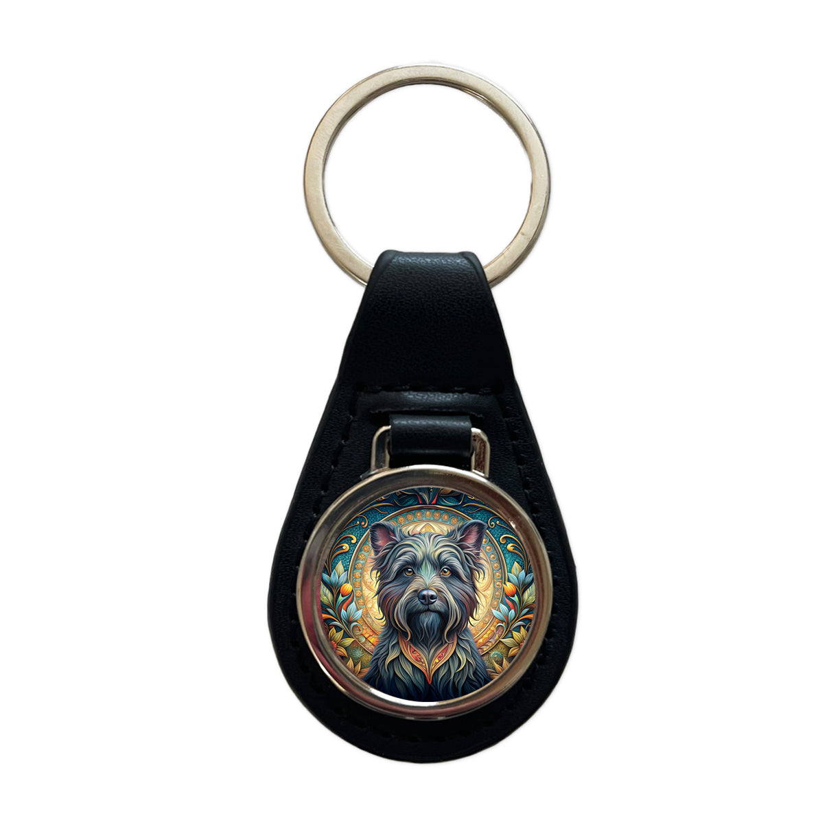 Affenpinscher Dog Art Nouveau Black Leather Metal Keychain