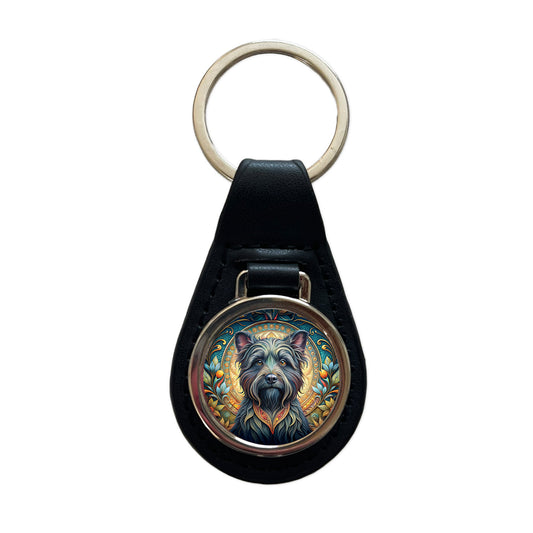 Affenpinscher Dog Art Nouveau Black Leather Metal Keychain