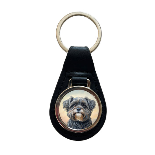 Affenpinscher Dog Illustration Black Leather Metal Keychain
