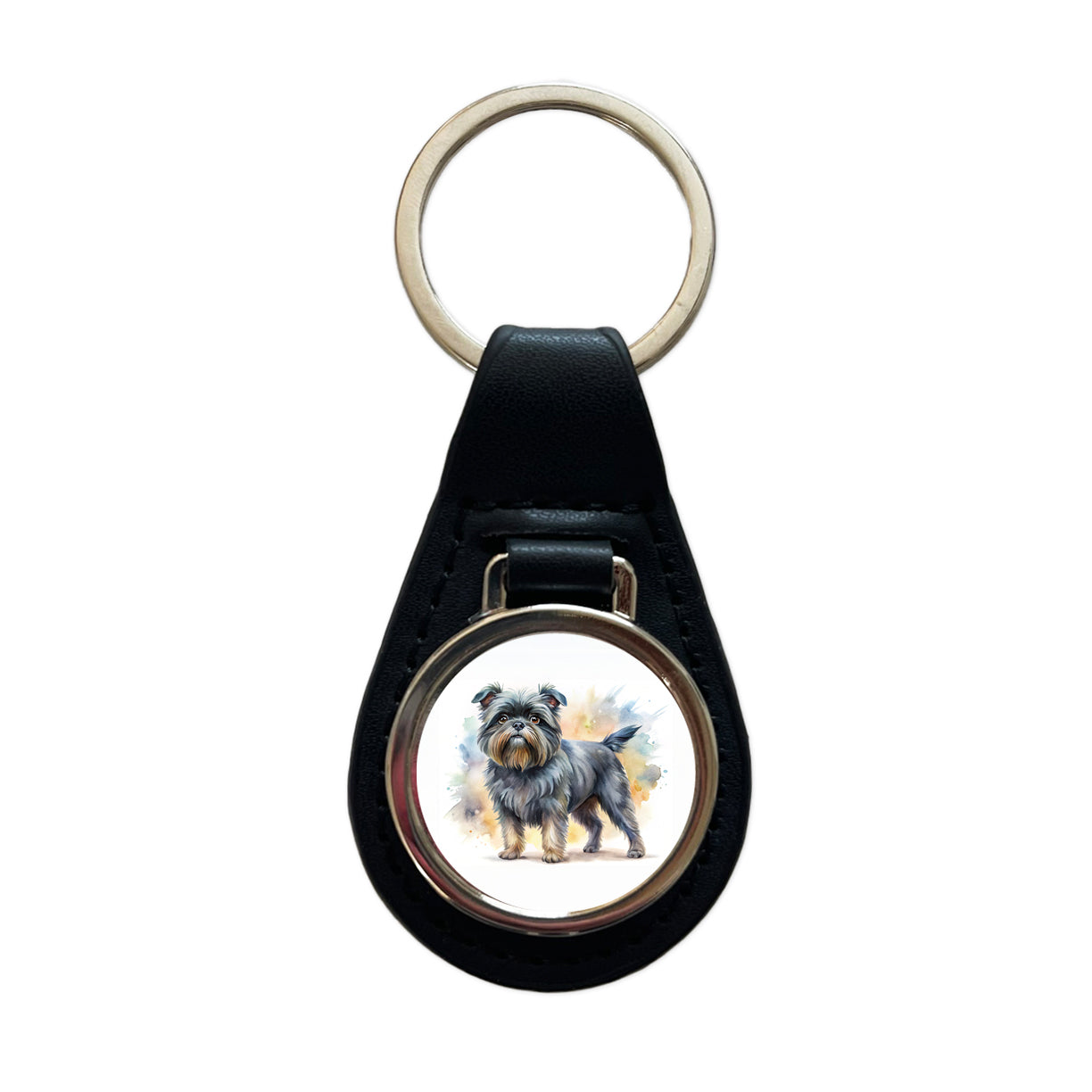 Affenpinscher Dog Watercolor Style Black Leather Metal Keychain