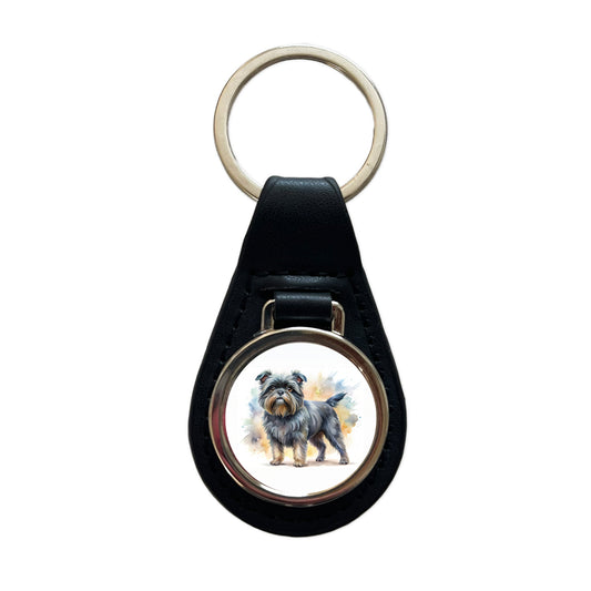 Affenpinscher Dog Watercolor Style Black Leather Metal Keychain