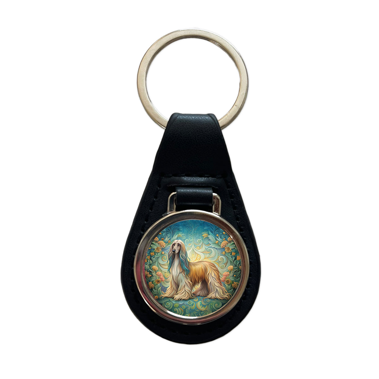 Afghan Hound Dog Art Nouveau Black Leather Metal Keychain