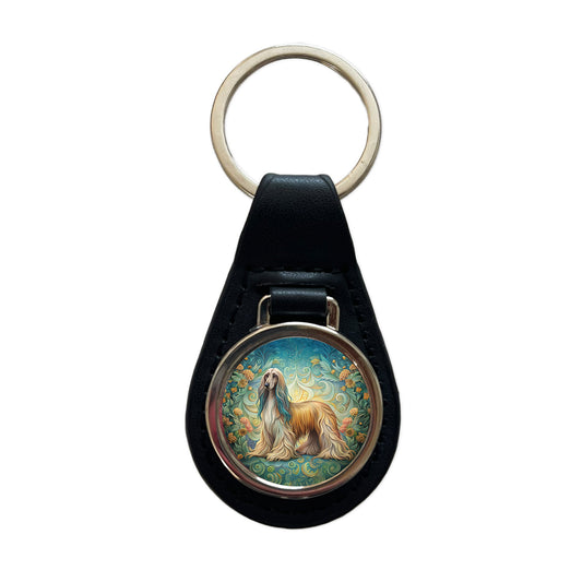 Afghan Hound Dog Art Nouveau Black Leather Metal Keychain