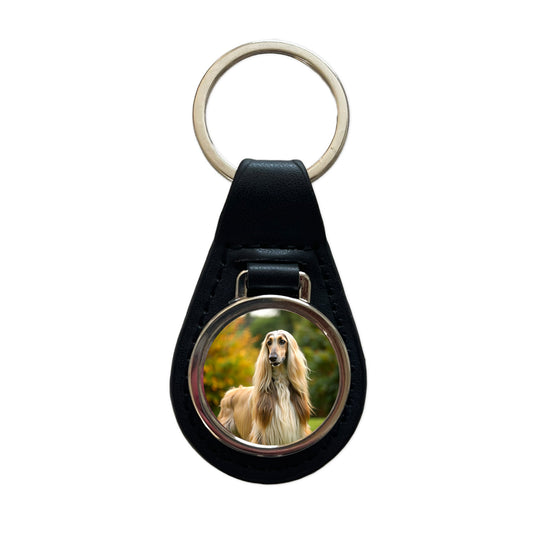 Afghan Hound Dog Photo Black Leather Metal Keychain