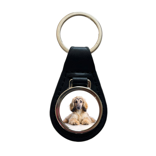 Afghan Hound Dog Puppy Photo Black Leather Metal Keychain