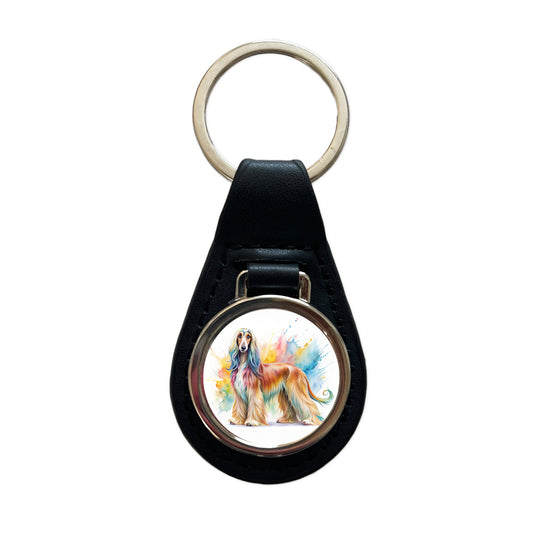 Afghan Hound Dog Watercolor Style Black Leather Metal Keychain