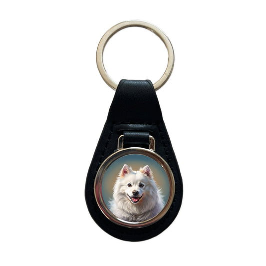 American Eskimo Dog Illustration Black Leather Metal Keychain