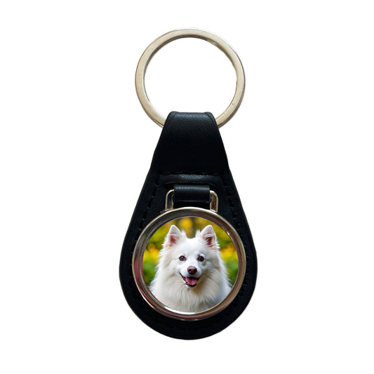 American Eskimo Dog Photo Black Leather Metal Keychain