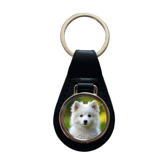 American Eskimo Dog Puppy Photo Black Leather Metal Keychain