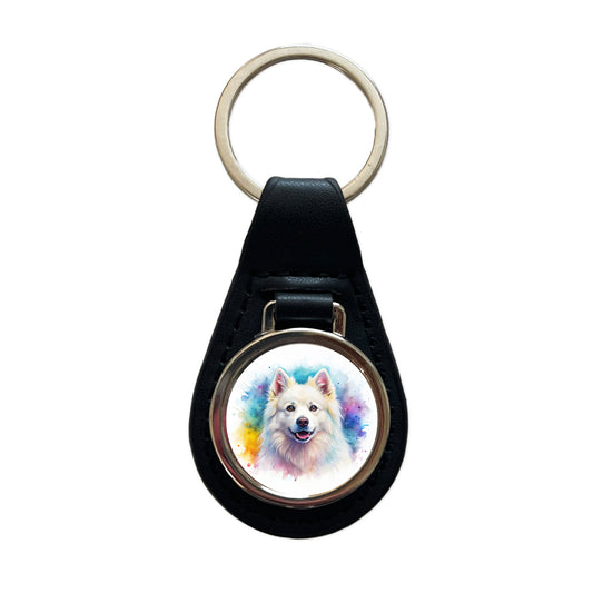 American Eskimo Dog Watercolor Style Black Leather Metal Keychain