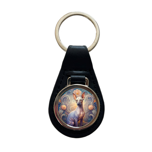 American Hairless Terrier Dog Art Nouveau Black Leather Metal Keychain