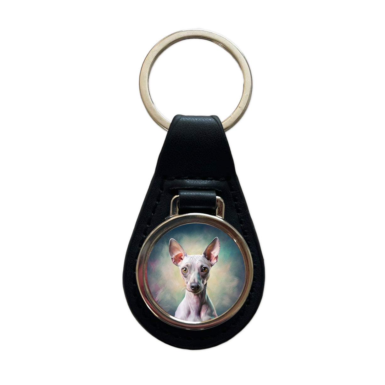 American Hairless Terrier Dog Illustration Black Leather Metal Keychain