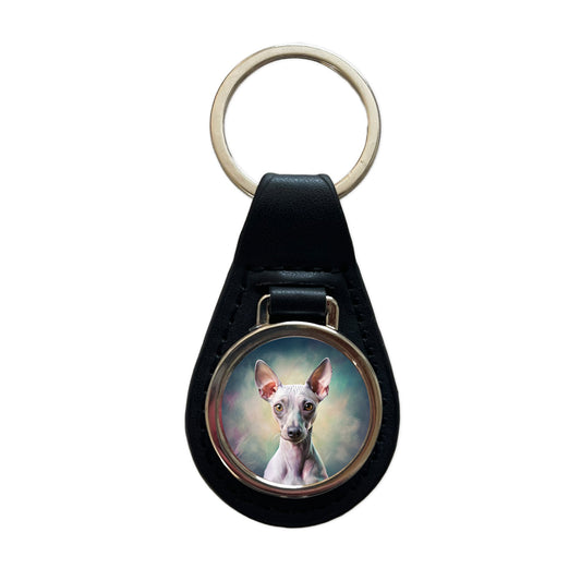 American Hairless Terrier Dog Illustration Black Leather Metal Keychain