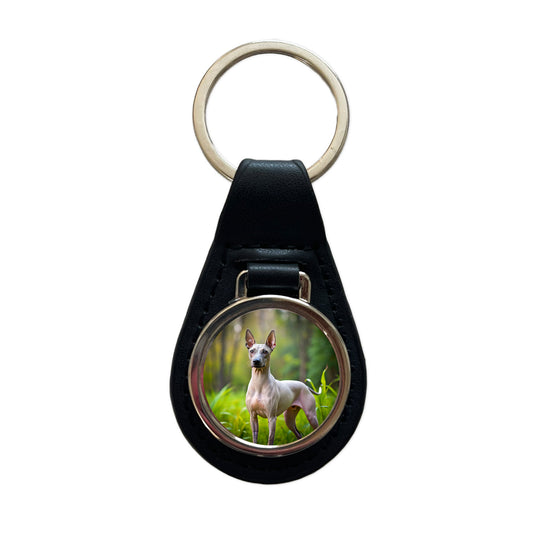 American Hairless Terrier Dog Photo Black Leather Metal Keychain