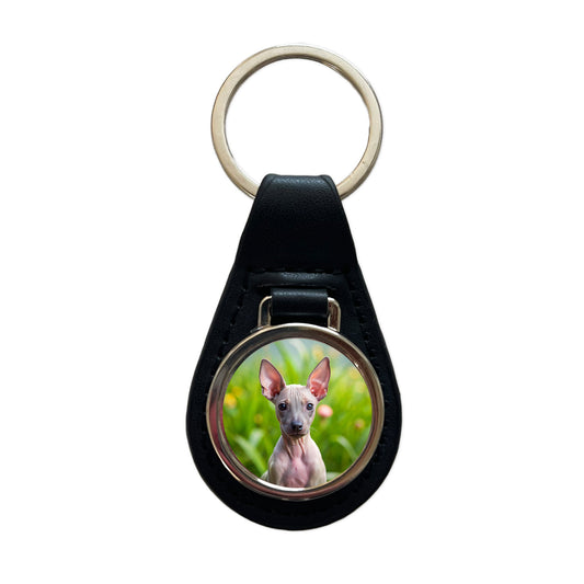 American Hairless Terrier Dog Puppy Photo Black Leather Metal Keychain