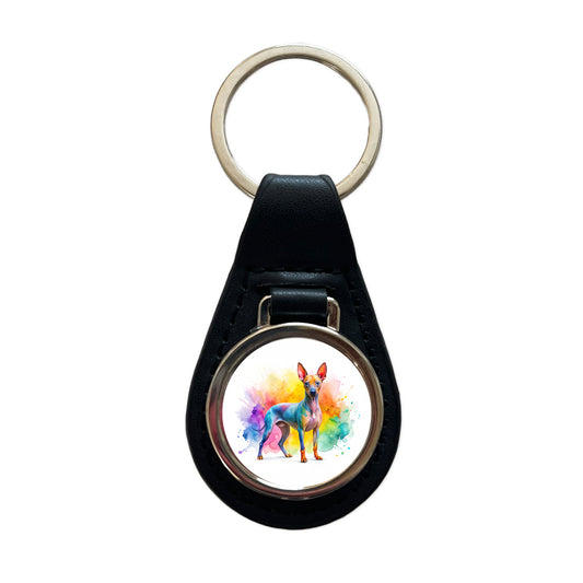 American Hairless Terrier Dog Watercolor Style Black Leather Metal Keychain