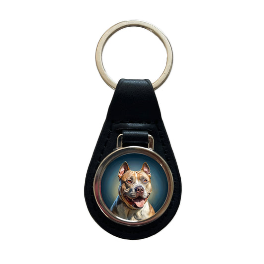 American Staffordshire Terrier Dog Illustration Black Leather Metal Keychain