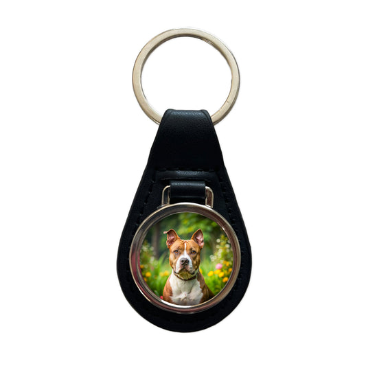 American Staffordshire Terrier Dog Photo Black Leather Metal Keychain