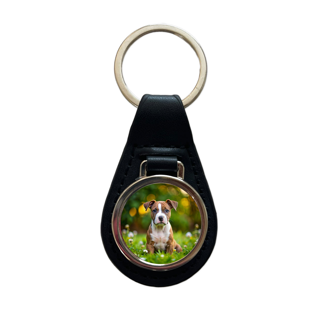 American Staffordshire Terrier Dog Puppy Photo Black Leather Metal Keychain