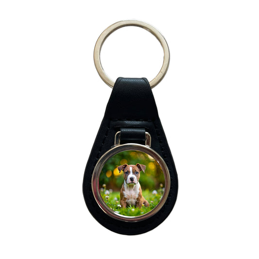 American Staffordshire Terrier Dog Puppy Photo Black Leather Metal Keychain