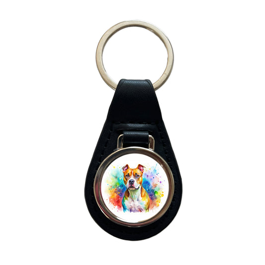 American Staffordshire Terrier Dog Watercolor Style Black Leather Metal Keychain