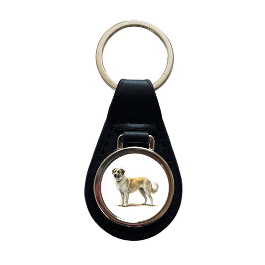 Anatolian Shepherd Dog Illustration Black Leather Metal Keychain