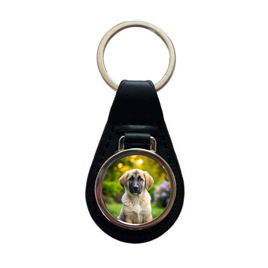 Anatolian Shepherd Dog Puppy Photo Black Leather Metal Keychain