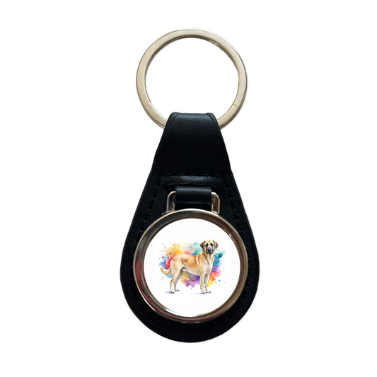 Anatolian Shepherd Dog Watercolor Style Black Leather Metal Keychain