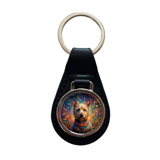 Australian Terrier Dog Art Nouveau Black Leather Metal Keychain
