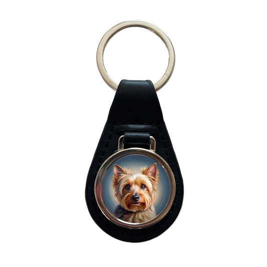 Australian Terrier Dog Illustration Black Leather Metal Keychain