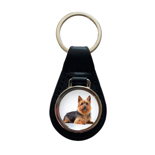 Australian Terrier Dog Photo Black Leather Metal Keychain