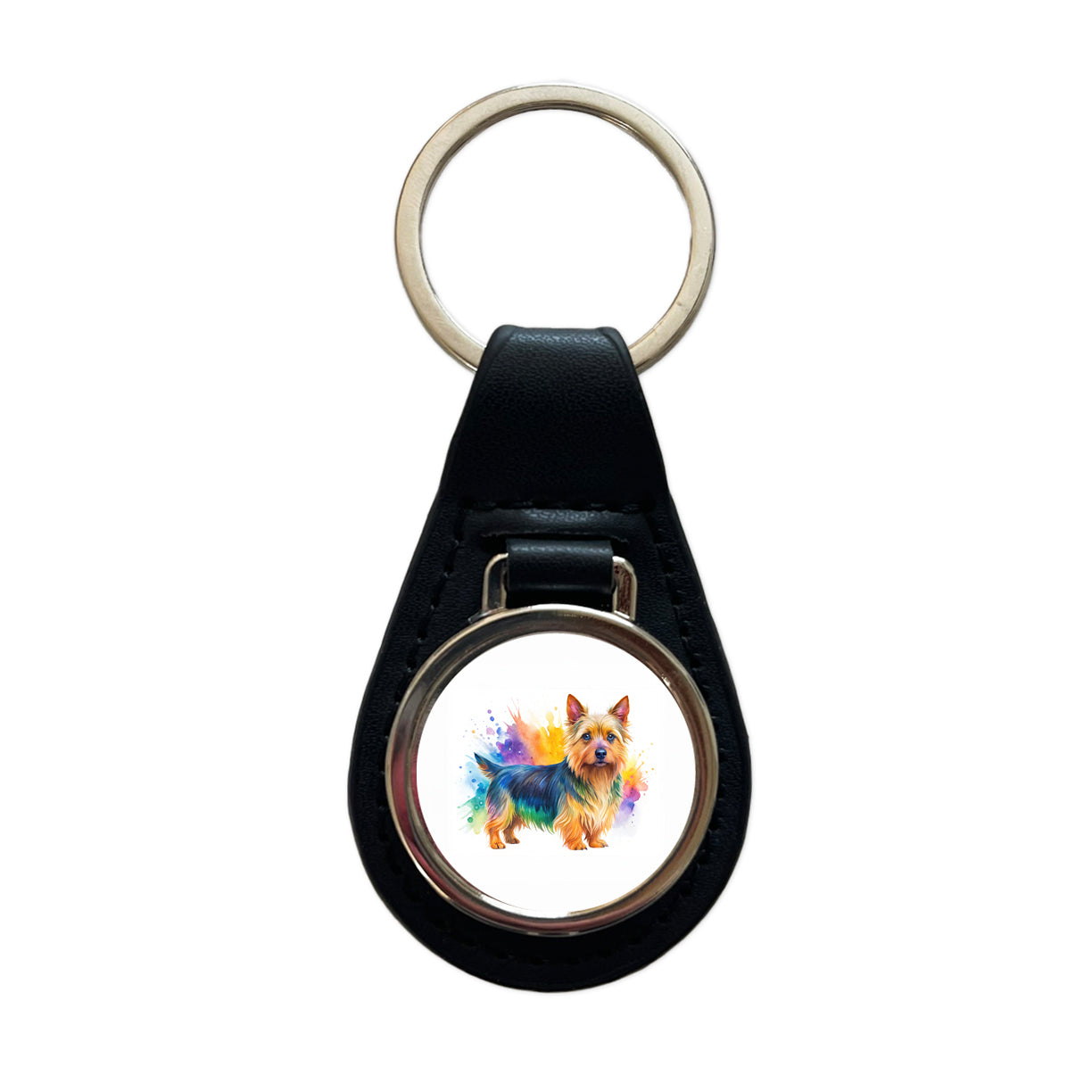 Australian Terrier Dog Watercolor Style Black Leather Metal Keychain