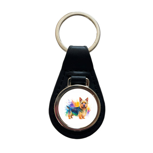 Australian Terrier Dog Watercolor Style Black Leather Metal Keychain