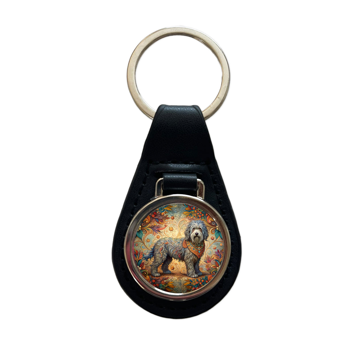 Barbet Dog Art Nouveau Black Leather Metal Keychain