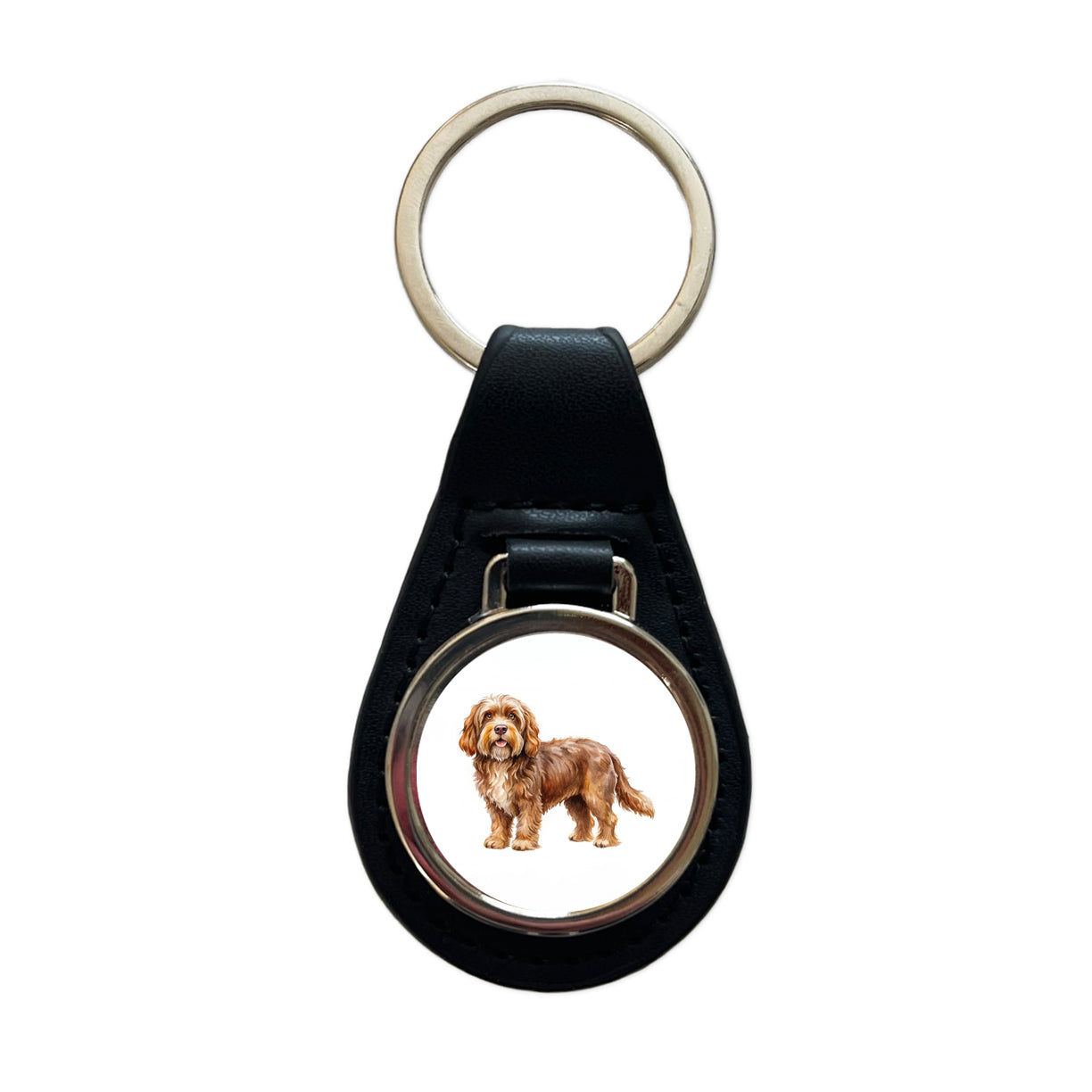 Barbet Dog Watercolor Style Black Leather Metal Keychain