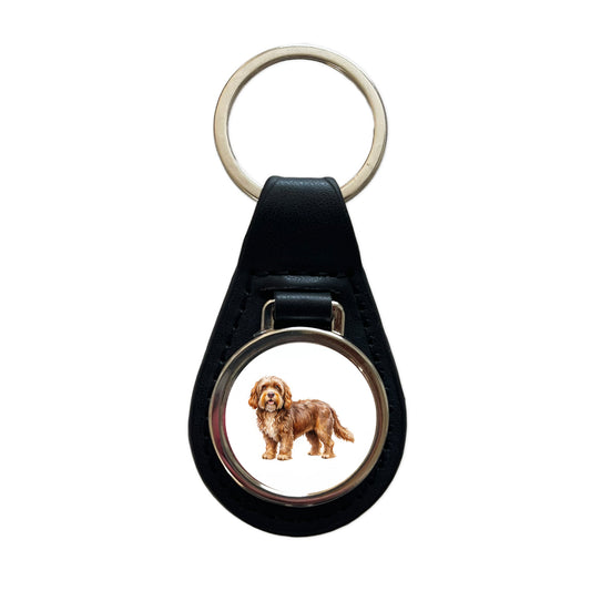 Barbet Dog Watercolor Style Black Leather Metal Keychain