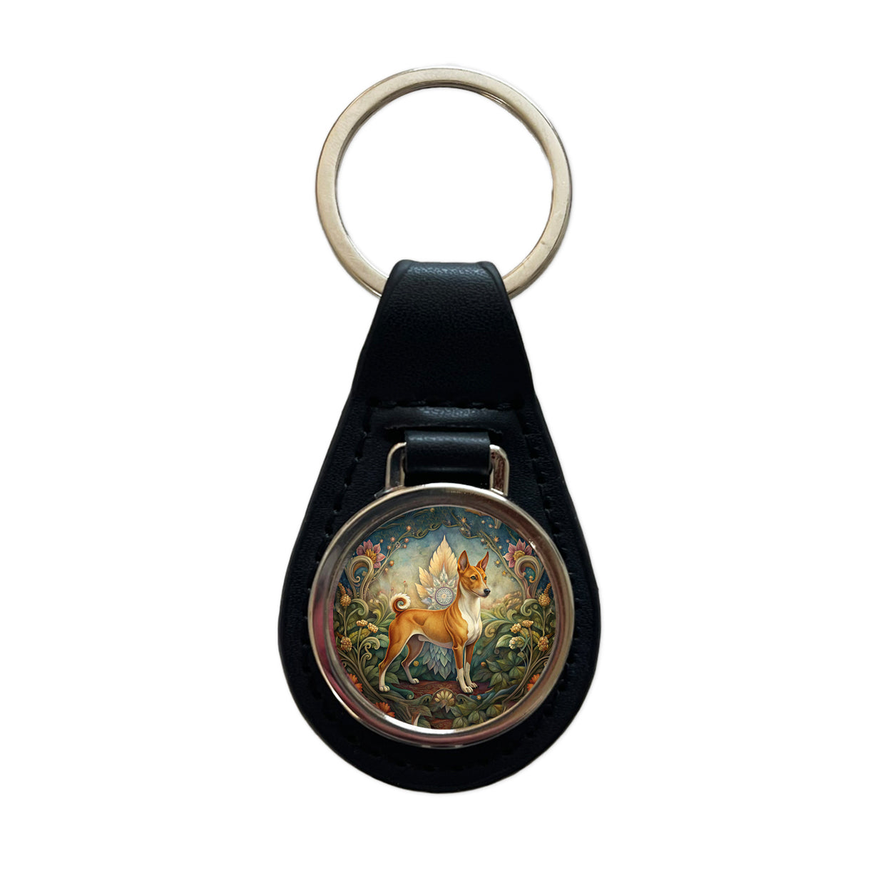 Basenji Dog Art Nouveau Black Leather Metal Keychain