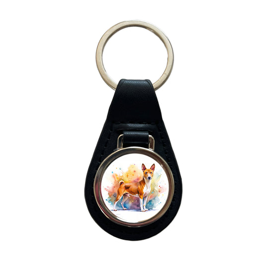 Basenji Dog Watercolor Style Black Leather Metal Keychain