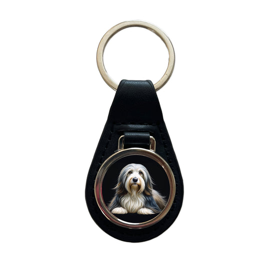 Bearded Collie Dog Illustration Black Leather Metal Keychain