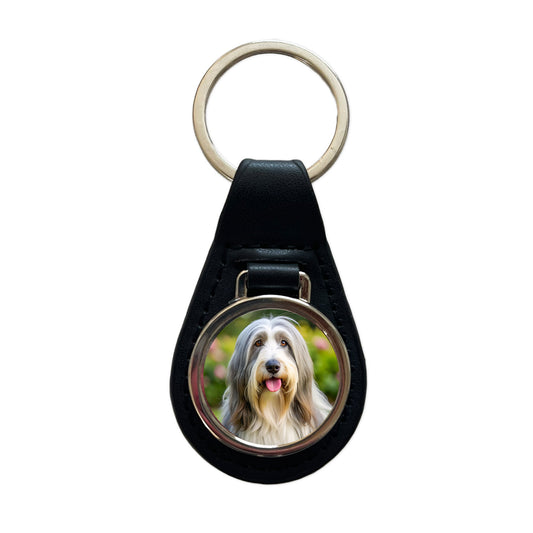 Bearded Collie Dog Photo Black Leather Metal Keychain