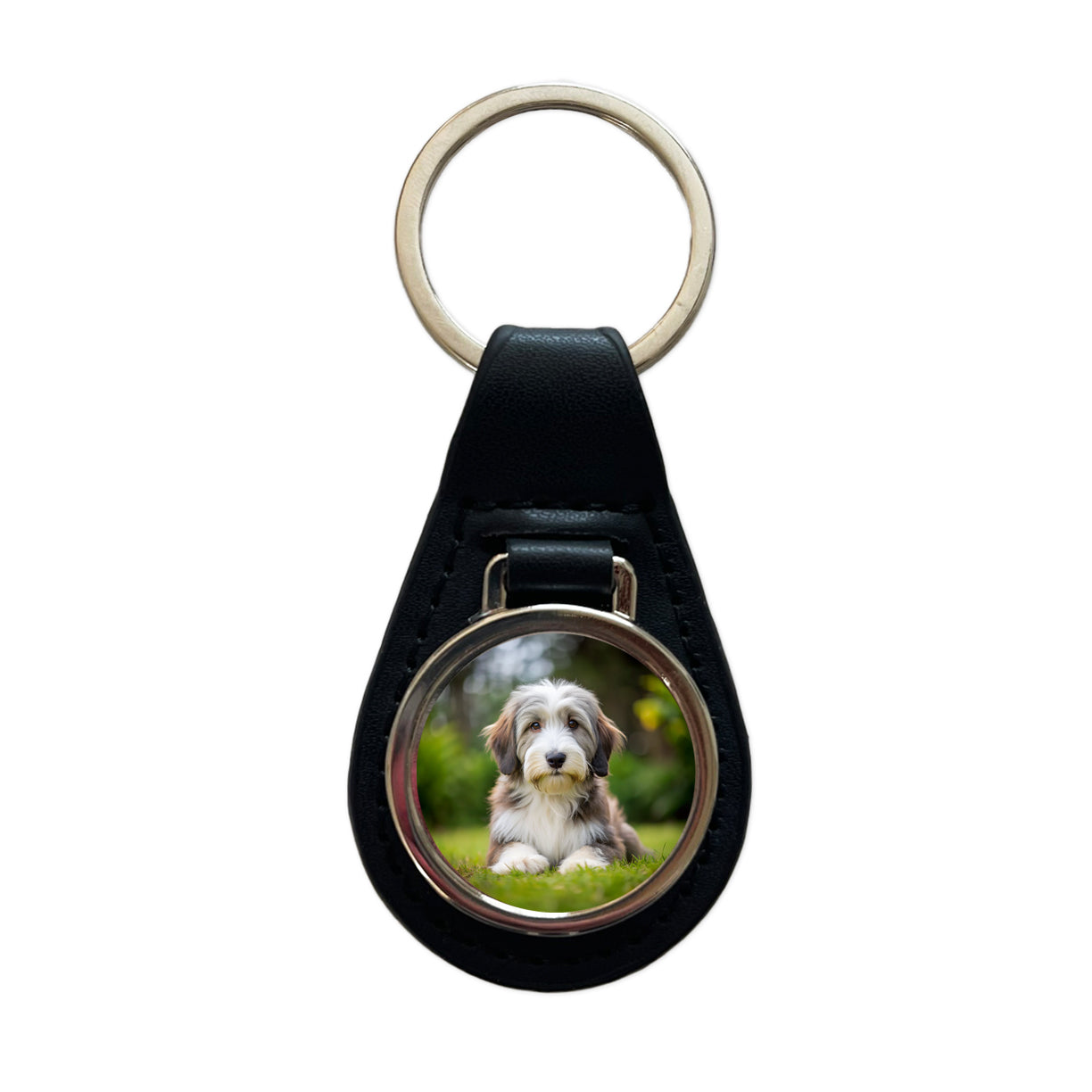 Bearded Collie Dog Puppy Photo Black Leather Metal Keychain